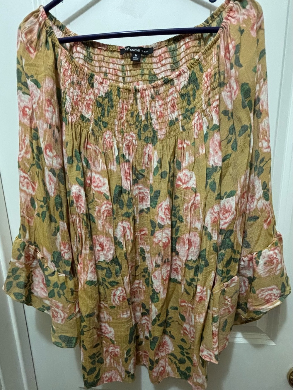 Zac & Rachel Floral Peasant Top - Mustard with Pink Roses